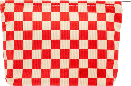 PAZIMIIK Makeup Bag Large Zipper Corduroy Make Up Pouch for Purse Travel Canvas Cosmetic Organizer for Women Brush Storage,Checkered Red