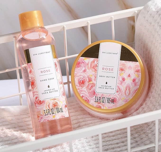 Spa Luxetique Spa Gift Set, Bath Gift Set for Women, 10 Pcs Rose Bath Set, Pink Tote Gift Bag with Shower Gel, Bubble Bath, Body Lotion, Hand Cream, Christmas Beauty Gifts for Women