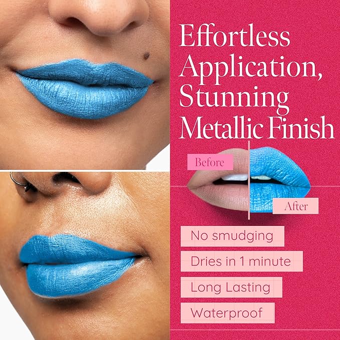 Aromi Metallic Liquid Lipstick | Smudge and Transfer Proof, Bright Blue Lip Color with Shimmery Finish, Vegan, Cruelty-free, Long Wear, Paraben and Gluten Free (Snow Queen)