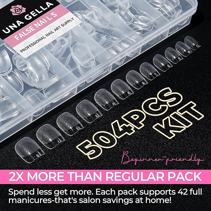 UNA GELLA Short Square Nail Tips 504PCS Pre Etched Extra Short Soft Gel Fake Nails Tips for Women DIY Squoval Press On Nails Extension French Style Salon Full Cover Acrylic Tips 12 Sizes