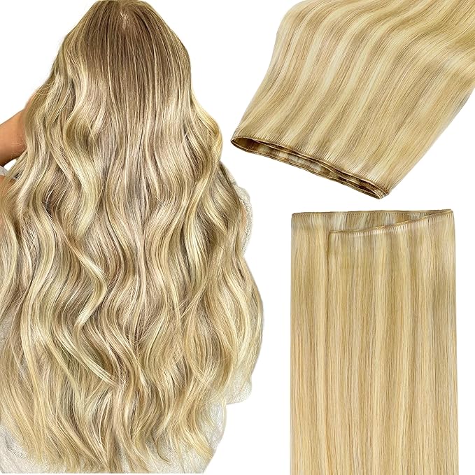 GOO GOO Sew in Hair Extensions Real Human Hair, Weft Hair Extensions Human Hair, 18D/22F Dirty Blonde Highlights 20inch 100g, Weft Bundles Straight Silky Remy Hair
