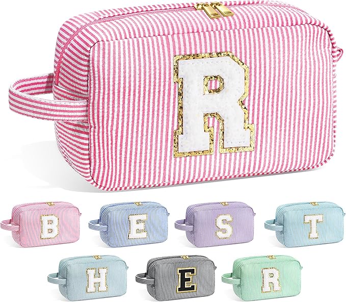 YOOLIFE Birthday Gifts for 6 7 8 9 10 11 12 13 14 15 Year Old Teen Girl - Initial Makeup Bag Letter Toiletry Pouch Cosmetic Case, Personalized Teen Girl Gifts Trendy Stuff Party Favor, Pink R
