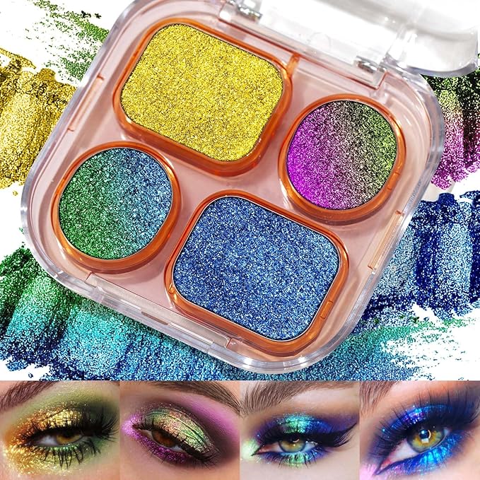 UCANBE Multichrome Chameleon Eyeshadow Makeup Palette, 4 Colors Holographic Metallic Glitter Eye Shadow Pallet, High Pigmented Creamy Duo Chrome Multidimensional Eye Make Up Kit