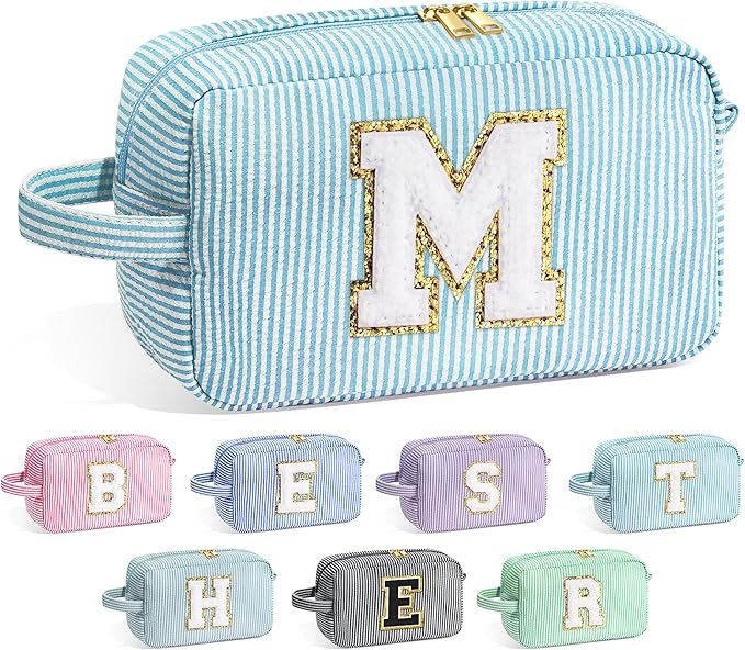 YOOLIFE Gifts for Women Teen Girls Kids - Initial Makeup Bag Cosmetic Bag Toiletry Pouch, Personalized Birthday Gifts for Women Girls Mom Daughter Sister Friends, Light Blue M