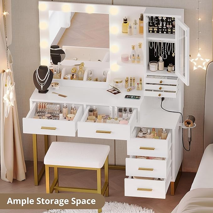 IRONCK Vanity Desk with Mirror and Lights, Makeup Vanity Table with 5 Drawers & Shelves, Power Outlet, Vanity Stool, Dressing Table with Jewelry Storage for Bedroom, White & Gold