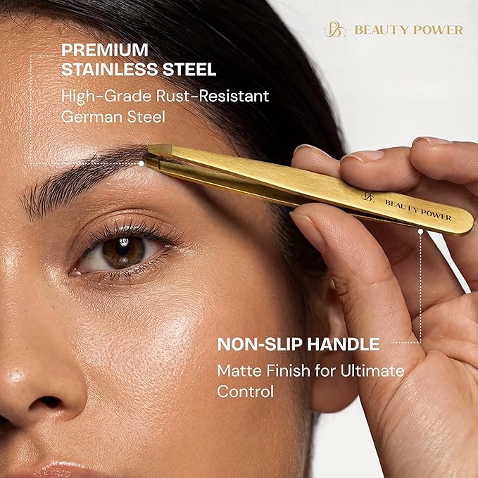 Professional Tweezers Set – Slant & Point, Ultra Precision German Stainless Steel Tweezers for Eyebrows, Chin, Ingrown Hair & Facial Grooming – Lightweight with Travel Case (Matte Gold)