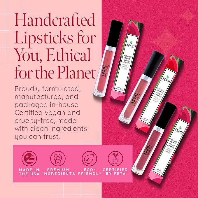 Aromi Metallic Liquid Lipstick | Peachy Pink, Coral Lip Color with Shimmery Finish, Long-lasting, Vegan, Cruelty-free, Smudge Proof, Gluten Free (Rose Gold)