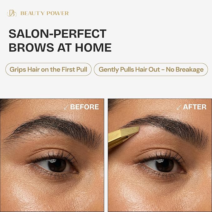 Professional Tweezers Set – Slant & Point, Ultra Precision German Stainless Steel Tweezers for Eyebrows, Chin, Ingrown Hair & Facial Grooming – Lightweight with Travel Case (Matte Gold)