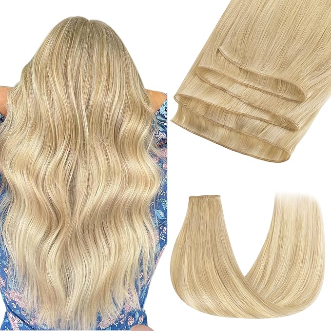 GOO GOO Genius Weft Hair Extensions Human Hair, Sew In Hair Extensions Rooted Remy Weft, 18A/60 Blonde Balayage 14inch 40g, Hand Tied Weft Hair Extensions