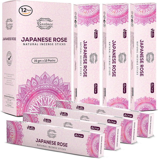 Raajsee Japanese Rose Incense Sticks (180 gm), 100% Pure Organic Natural Hand Rolled Free from Chemicals- Perfect for Aromatherapy, Cleansing, Meditation, and Church (Pack of 12)
