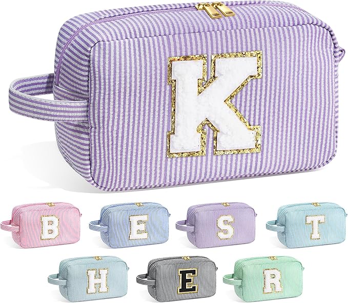 YOOLIFE Gifts for Women Teen Girls Kids - Initial Makeup Bag Cosmetic Case Toiletry Pouch, Birthday Gifts for Women Friends Sister Teacher, Purple K