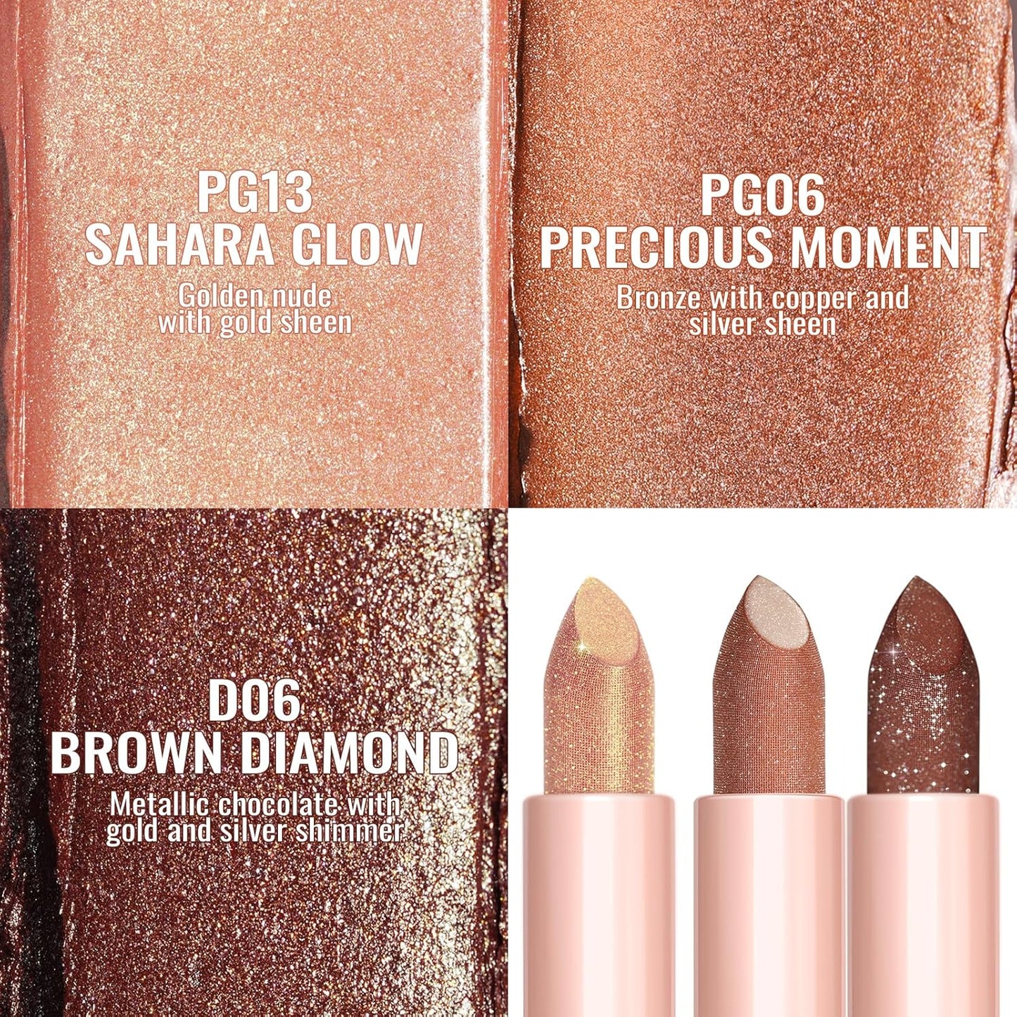 Oulac Moisture Nude Brown Lipstick Set 3PCS - Infinity High Shine Finish, Hydrating Vegan Lipstick Infused with Damask Rose Oil for All-Day Comfort, Gluten-Free, PG13+PG06+D06