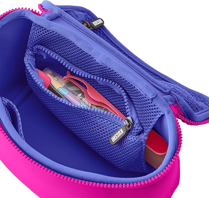 KUSSHI Neoprene Train Case Makeup Bag - Washable Makeup Travel Bag & Vanity Case for Stress Free Travel (Small, Pink/Indigo)