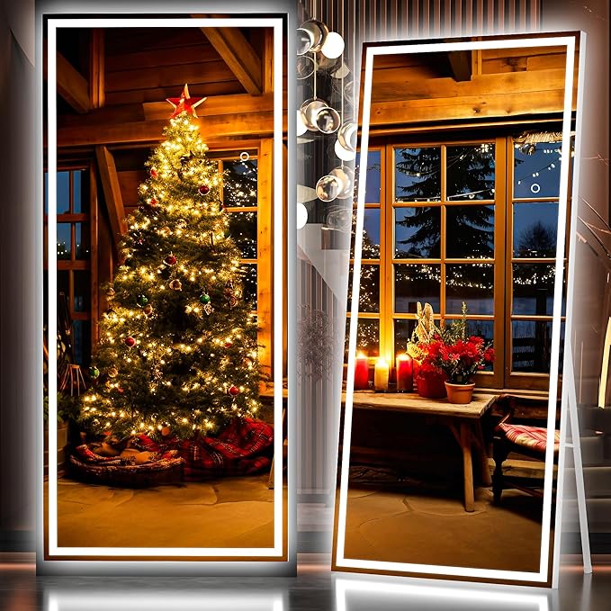 Hasipu Oversized 79” x 32" Full Length Mirror with Lights, LED Lighted Floor Standing Mirror, Full Body Dressing Hanging Mounted Mirrors, Dimmable, Tempered Glass, Safe to Use, Square White