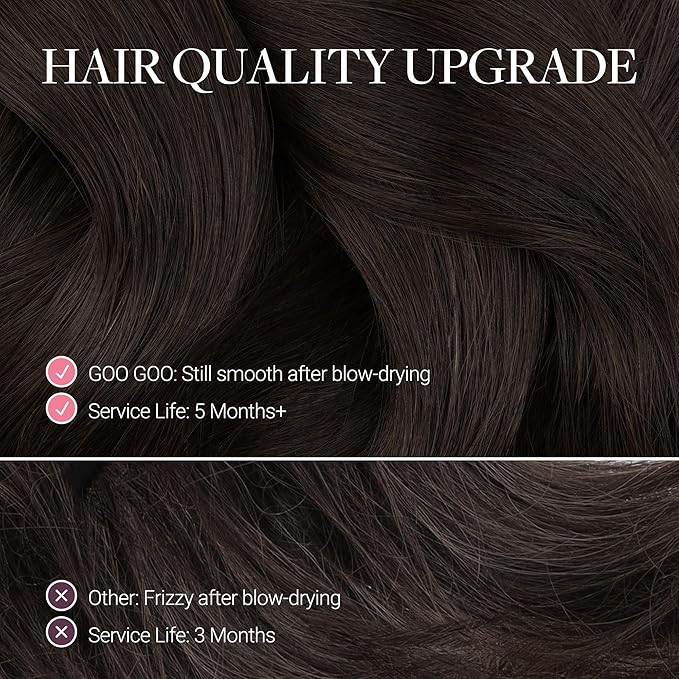 GOO GOO Genius Narrow Edge PU Weft Hair Extensions Human Hair, Invisible Sew in Hair Extensions Human Hair, 2 Dark Brown 16 Inch 100g, Seamless Soft Lightweight