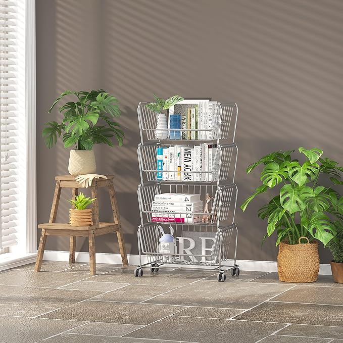 PUSDON 4-Tier Stackable Metal Storage Baskets, Anti-Rust Fruit Vegetable Rack, Dual Use Shelf for Kitchen, Home & Office, Silver Grey