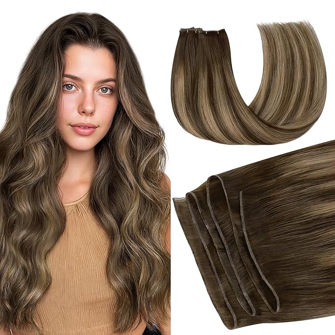 GOO GOO Genius Human Hair Extensions, Sew In Remy Weft, 4/27/4 Balayage Chocolate Brown to Caramel Blonde 20inch 120g, Hand Tied Weft