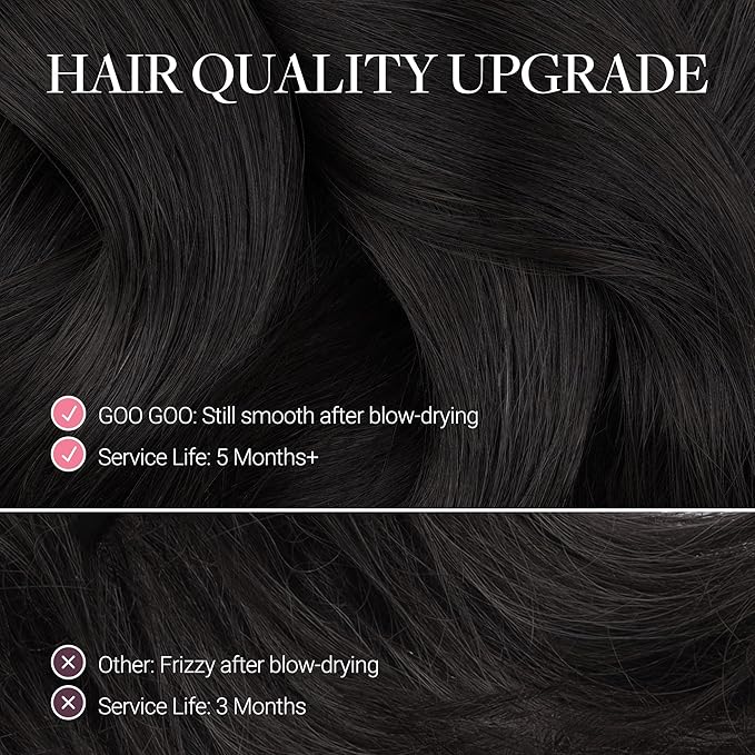 GOO GOO Genius Narrow Edge PU Weft Hair Extensions Human Hair, Invisible Sew in Hair Extensions Human Hair, 1B Natural Black 20 Inch 120g, Seamless Soft Lightweight