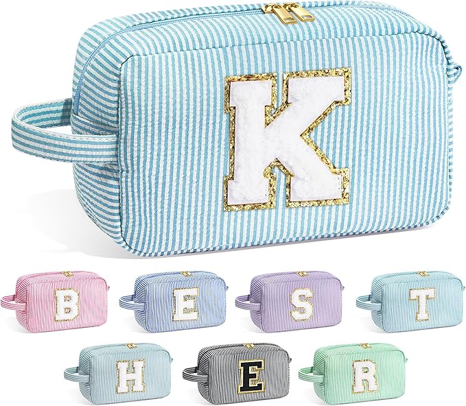 YOOLIFE Gifts for Women Teen Girls Kids - Initial Makeup Bag Cosmetic Case Toiletry Pouch, Birthday Gifts for Women Friends Sister Teacher, Light Blue K
