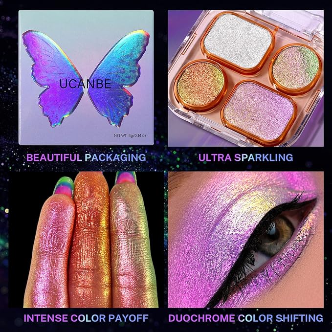 UCANBE Chameleon Shimmer Eyeshadow Makeup Palette, 4 Colors Metallic Glitter Multichrome Eye Shadow Pallet, High Pigmented Creamy Sparkling Duo Chrome Multidimensional Eye Make Up Kit