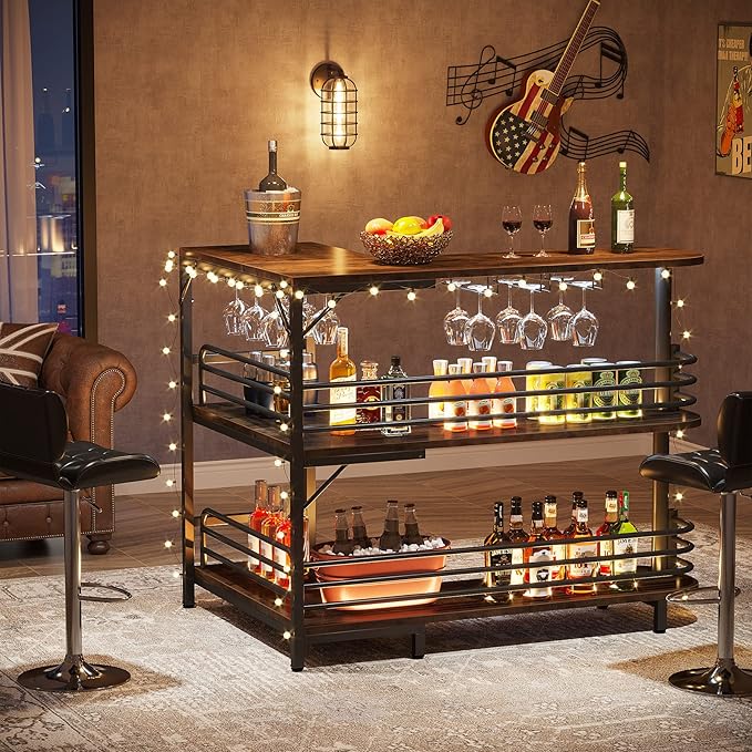 Tribesigns L-Shaped Home Bar Unit, 3 Tier Liquor Table With Storage Shelves and Wine Glasses Holder, Industrial Corner Wine Cabinet Mini Bar for Home Kitchen Pub, Rustic Brown