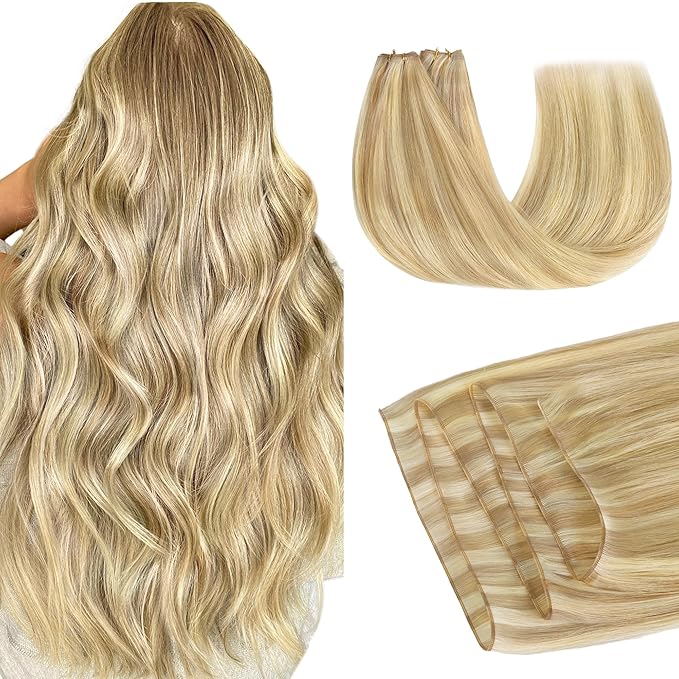 GOO GOO Genius Weft Hair Extensions Human Hair, Sew In Hair Extensions Rooted Remy Weft, 18D/22F Dirty Blonde Highlights 24inch 120g, Hand Tied Weft Hair Extensions